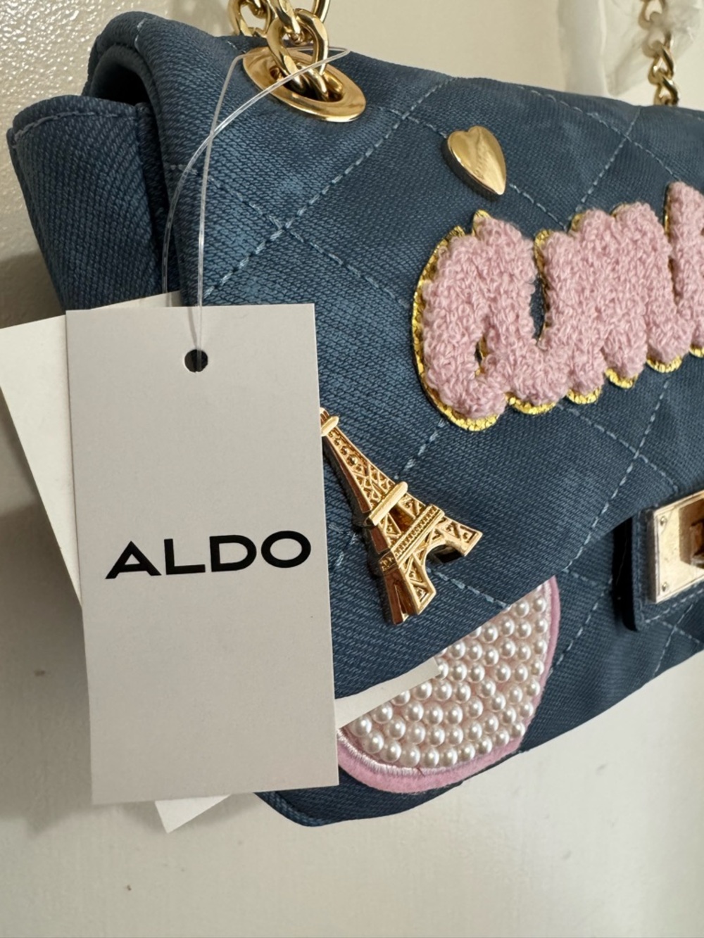 ALDO Honeoye Satchel Quilted Blue Denim Shoulder Bag with Pink 'Amour' patch - Picture 4 of 8